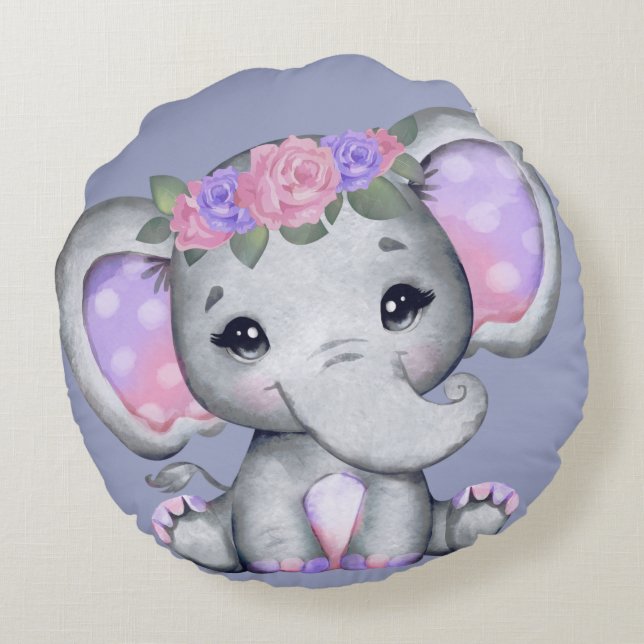 Floral Crown Elephant Round Pillow (Back)
