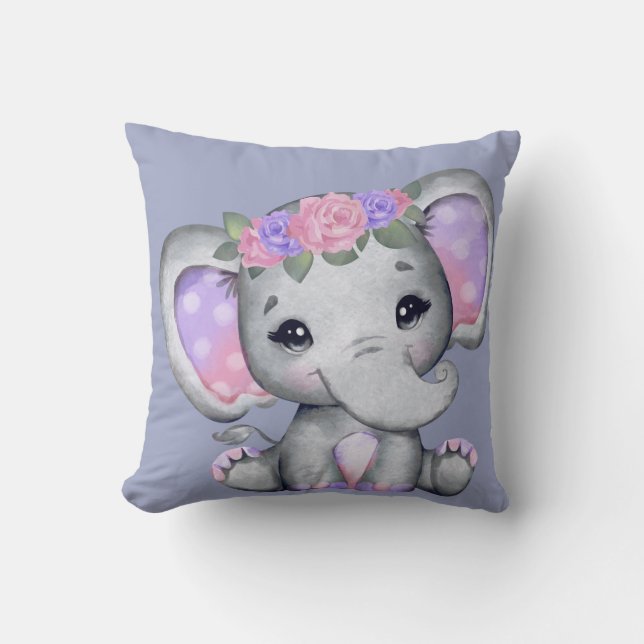 Floral Crown Elephant Throw Pillow (Front)