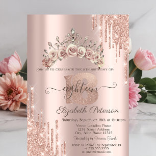 Floral Crown Glitter Drips Rose Gold 18th  Invitation