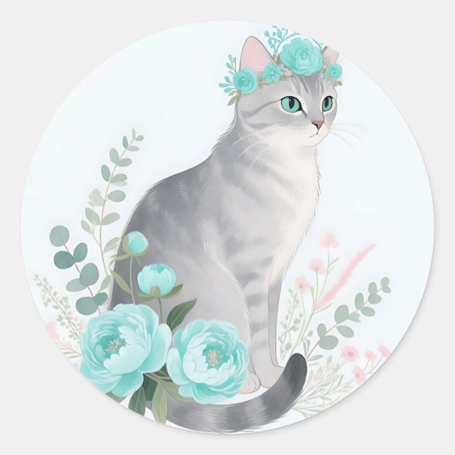 Floral Crown Grey Cat Classic Round Sticker (Front)