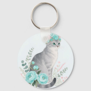 Floral Crown Grey Cat Keychain