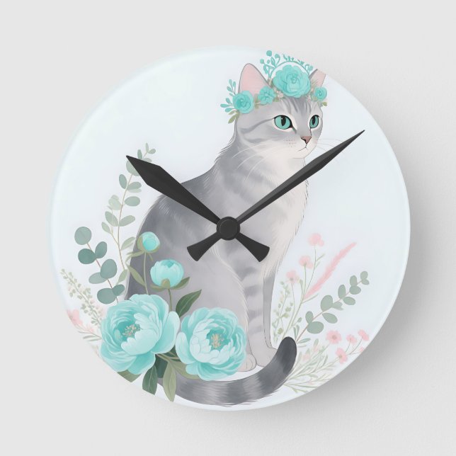 Floral Crown Grey Cat Round Clock (Front)