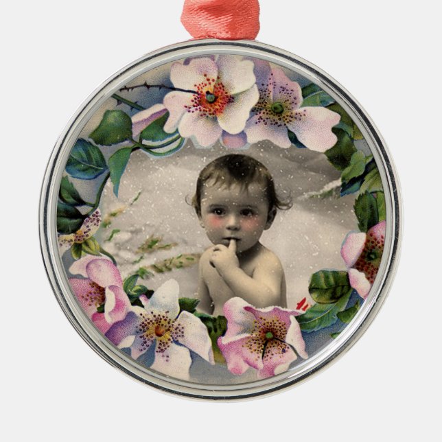 FLORAL CROWN,WILD ROSES BABY SHOWER PHOTO TEMPLATE METAL ORNAMENT (Front)