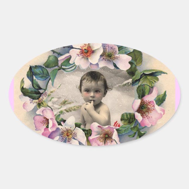 FLORAL CROWN,WILD ROSES BABY SHOWER PHOTO TEMPLATE OVAL STICKER (Front)