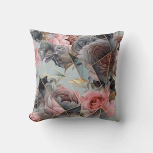 Floral crystal geometry, watercolor light backgrou throw pillow