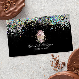 Floral Cupcake Colourful Confetti, Black  Business Card