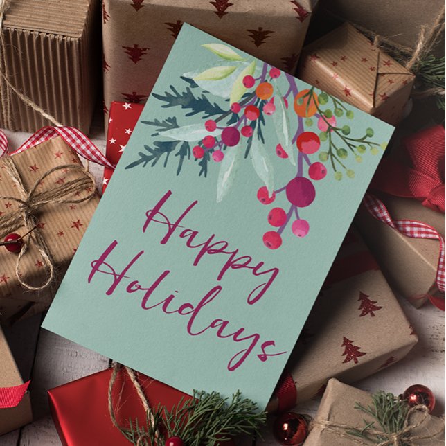 Floral Custom Happy Holiday Flat Card (Creator Uploaded)