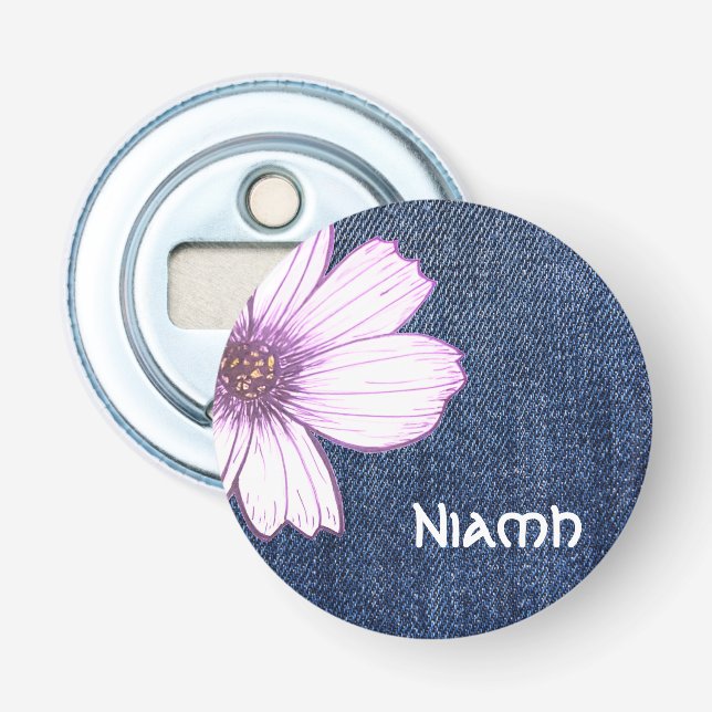Floral Custom Name blue jeans texture Bottle Opener (Front)