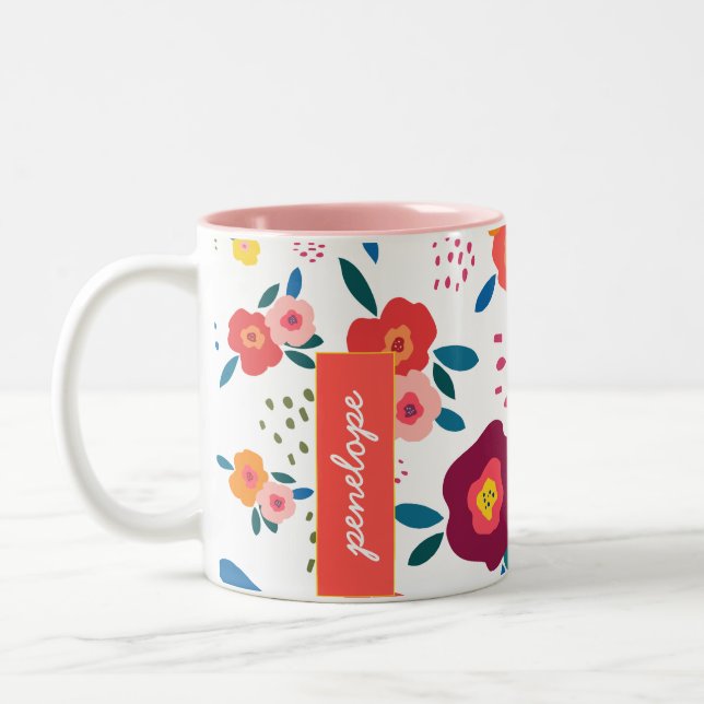 Floral Custom Name Pattern Coral Personalized Two-Tone Coffee Mug (Left)