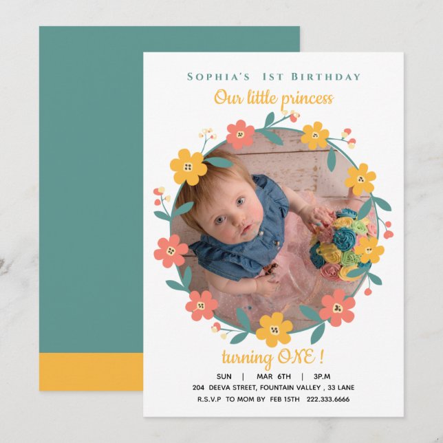 Floral  Custom Photo 1st Birthday Invitation (Front/Back)