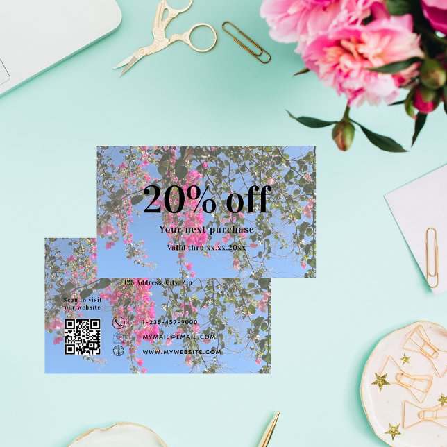 Floral custom photo qr code business  discount card (Creator Uploaded)
