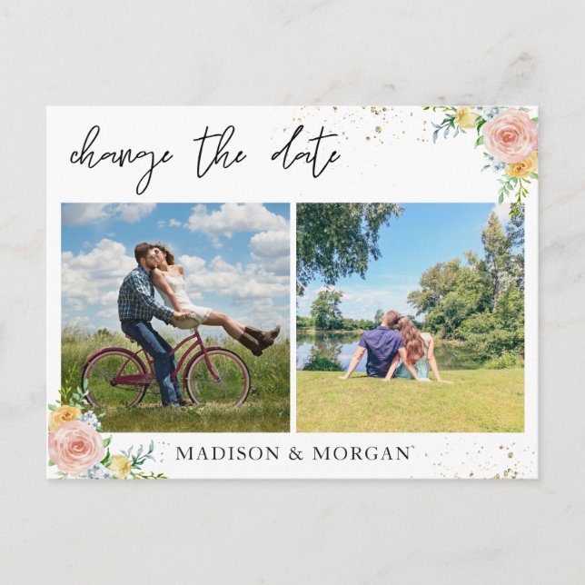 Floral Custom Photos Change the Date Announcement Postcard (Front)