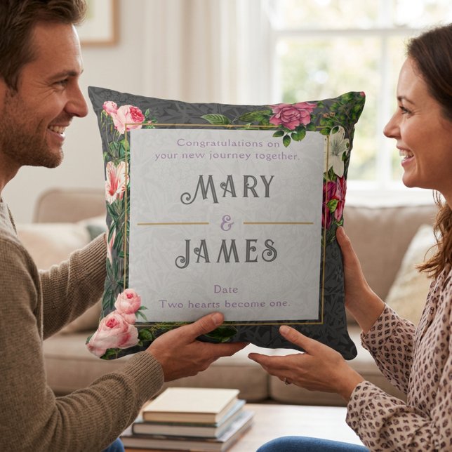 Floral Custom Text Wedding Anniversary Gift Grey Throw Pillow (Floral Custom Text Wedding Anniversary Gift Gray Throw Pillow)