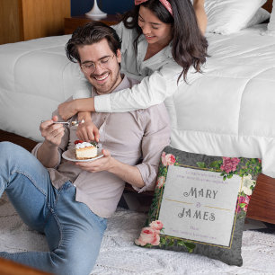 Floral Custom Text Wedding Anniversary Gift Grey Throw Pillow