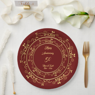 Floral Customize Happy Gold 50th Anniversary Paper Plate