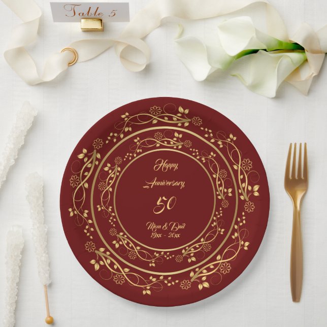 Floral Customize Happy Gold 50th Anniversary Paper Plate (Wedding)