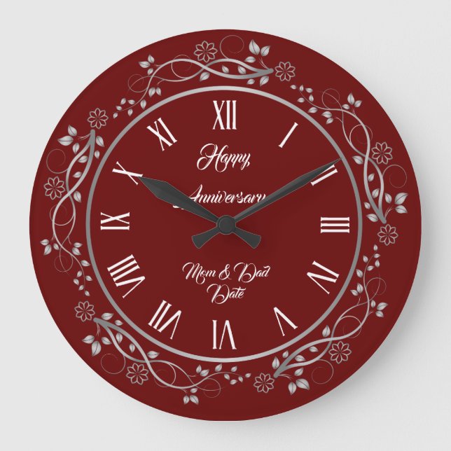Floral Customize Happy Silver 25th Anniversary Large Clock (Front)