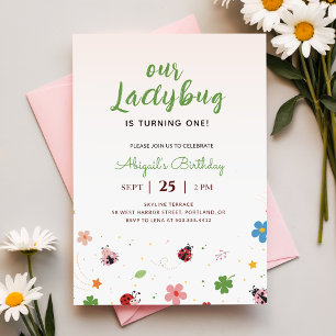 Floral Cute Bug Ladybug Girl 1st Birthday Party Invitation