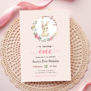 Floral Cute Bunny Rabbit Girl 1st Birthday Invitation