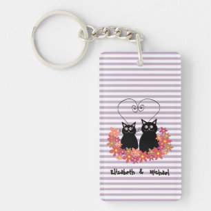 Floral cute cartoon cats love couple personalized keychain
