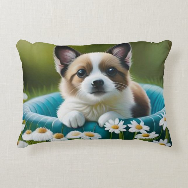 Floral cute little dog in dazies accent pillow (Front)