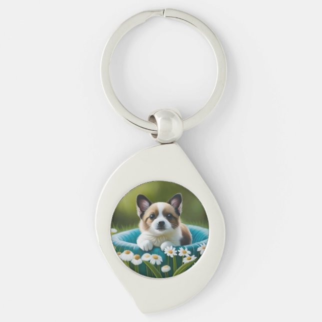 Floral cute little dog in dazies keychain (Front)