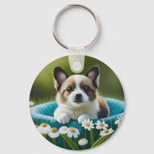 Floral cute little dog in dazies keychain