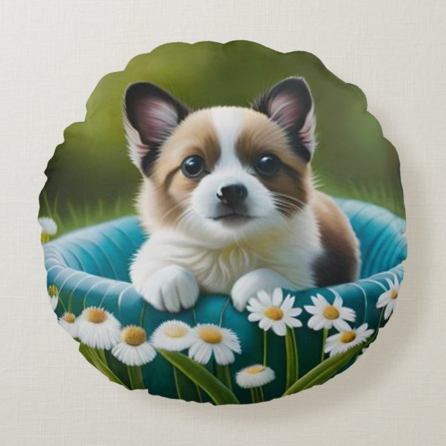 Floral cute little dog in dazies round pillow (Front)