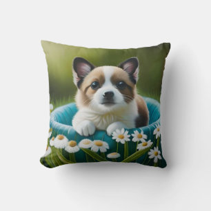 Floral cute little dog in dazies throw pillow