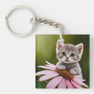 Floral cute little grey cat keychain