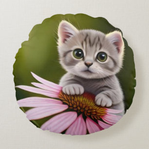 Floral cute little grey cat round pillow