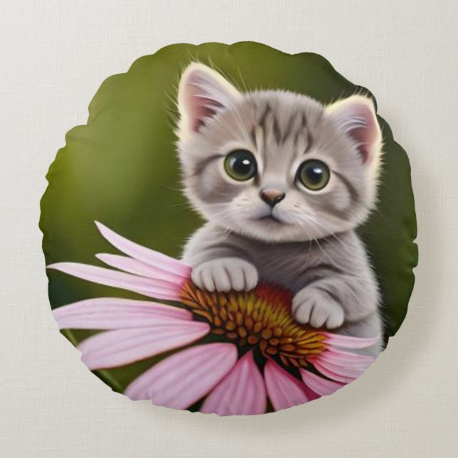 Floral cute little grey cat  round pillow (Front)