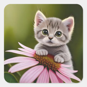 Floral cute little grey cat square sticker