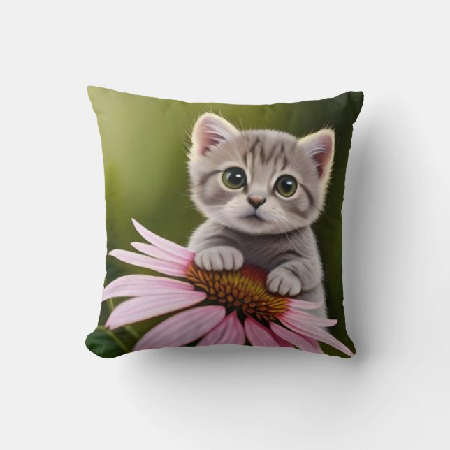 Floral cute little grey cat  throw pillow (Front)