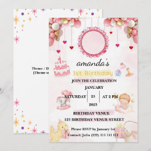 Floral  – Cute Pastel Baby 1st Birthday Party Invitation