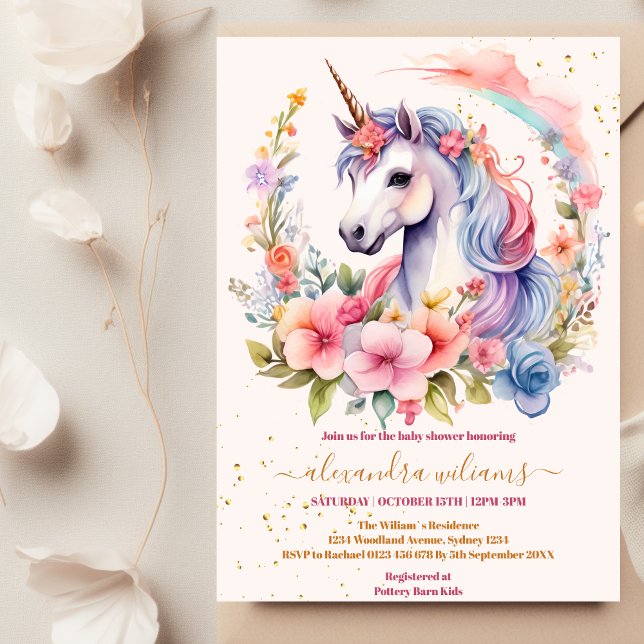 Floral Cute Unicorn Baby Shower Invitation (Creator Uploaded)