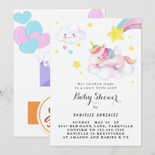 Floral Cute Unicorn Baby shower Invitation fille