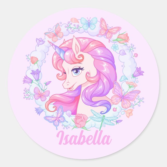 Floral Cute Unicorn Butterfly Personalized Name  Classic Round Sticker (Front)