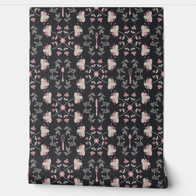 Floral Cutlery Pink Cream Charcoal Spoon Wallpaper (Unrolling)