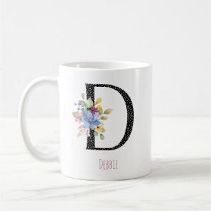 Floral D Monogram Name Black Polka Dot Coffee Mug