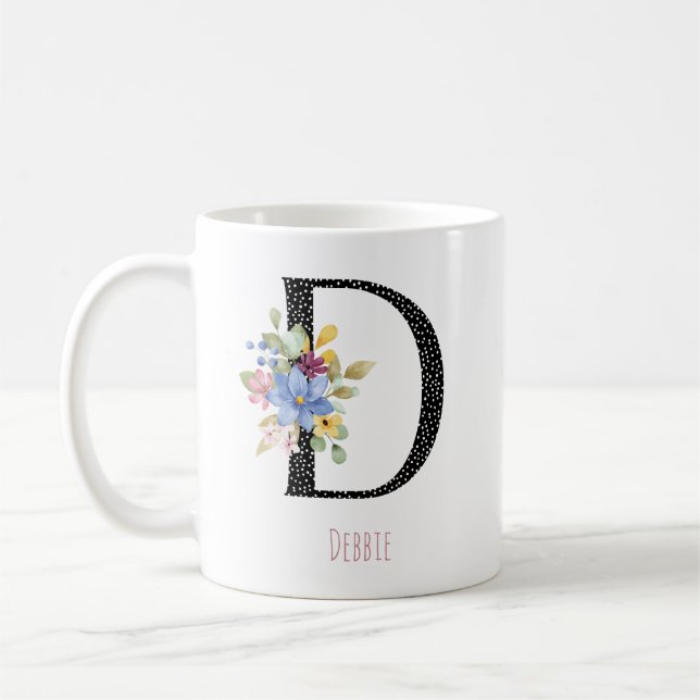 Floral D Monogram Name Black Polka Dot Coffee Mug (Gauche)