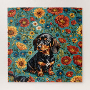 "Floral Dachshund Delight - Puzzle de Chien coloré