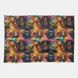 Floral Dachshund Seamless Pattern - Dog Lovers Kitchen Towel