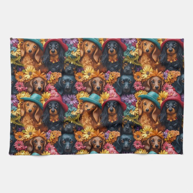 Floral Dachshund Seamless Pattern - Dog Lovers Kitchen Towel (Horizontal)