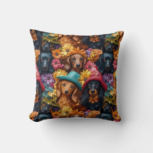 Floral Dachshund Seamless Pattern - Dog Lovers Throw Pillow (Front)