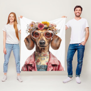 Floral Dachshund with Vintage Style Fleece Blanket