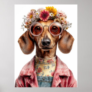 Floral Dachshund with Vintage Style Poster