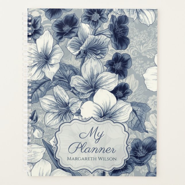 Floral Daily Planner Student Notebook Journal Blue (Front)