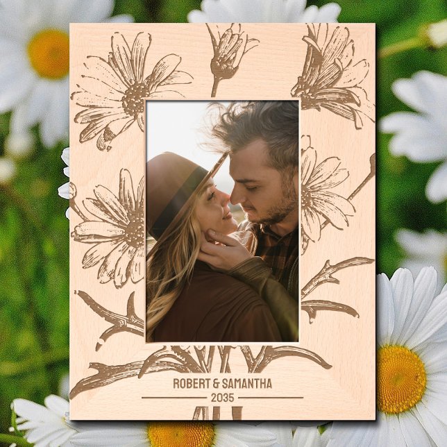 Floral Daisies Bouquet  Wood Etched Frames (A bouquet of daisies is laser engraved on this personalized wooden picture frame.)