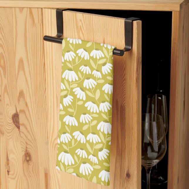 Floral Daisies Pattern Dark Gold & Olive Green Kitchen Towel (Thirds Fold)